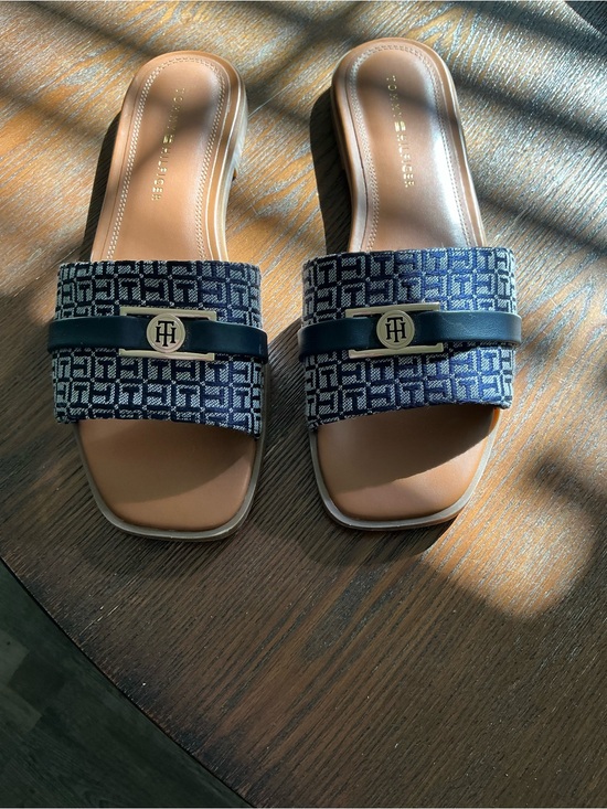 Tommy Hilfiger Shoes - Tommy Hilfiger Navy Logo Slide Mules with Tan Footbed